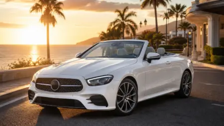 Mercedes-Benz E450 Cabriolet with the roof down on a Tenerife coastal road